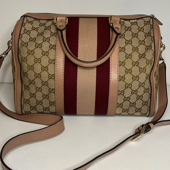 SOLD - Gucci Boston bag pink and burgundy stripe - Picture 2 of 16